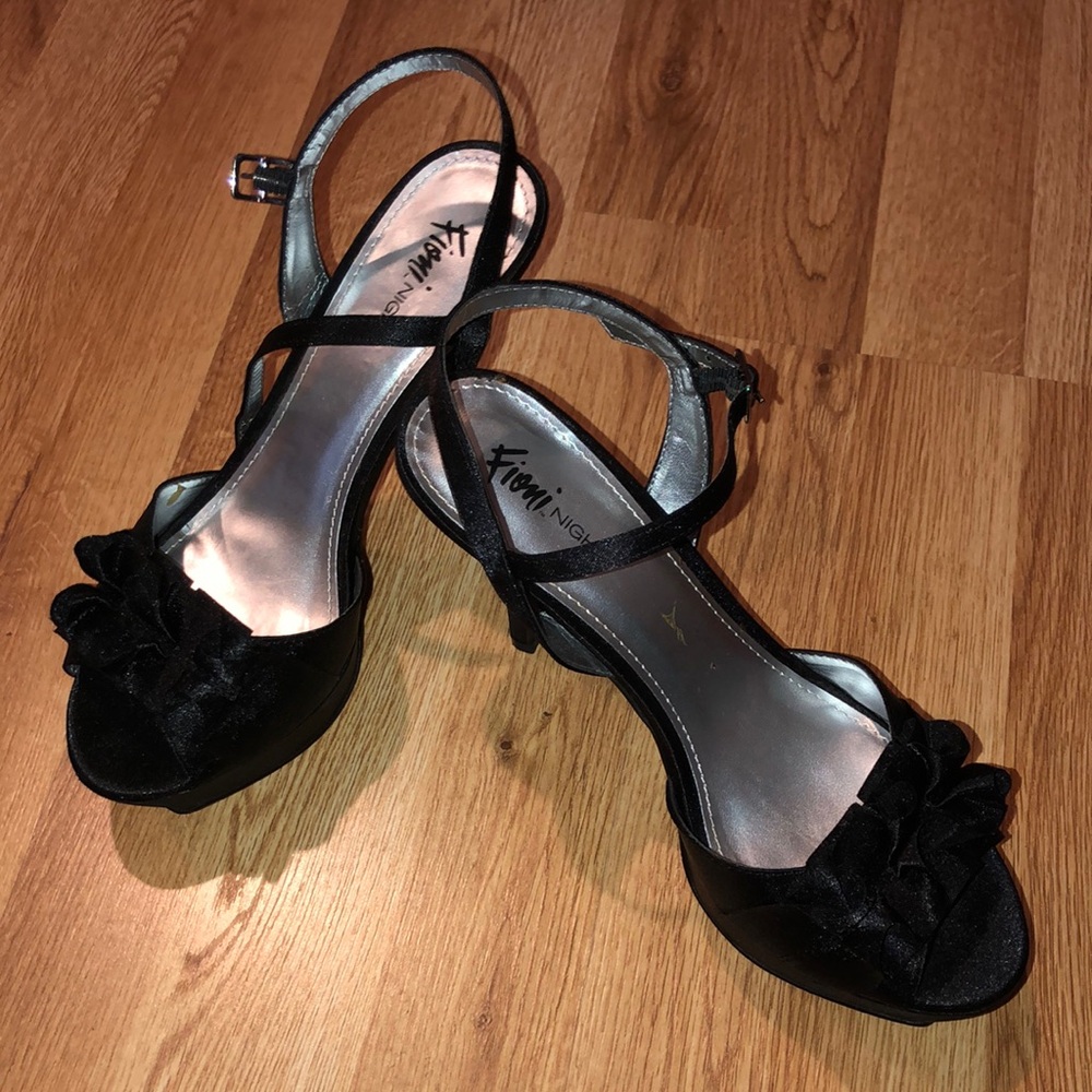 Fioni Night black satin platform open toe party shoes with ruffle.
